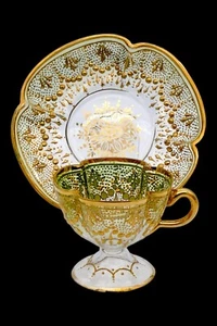 Moser Antik Teetasse Set Quatrefoil klar geschnitten auf grün schwer 14K vergoldete Emaille - Bild 1 von 22