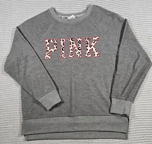 PINK Victoria's Secret Crewneck Sweatshirt Sz XS Gray Leopard Spellout Logo - Picture 1 of 9