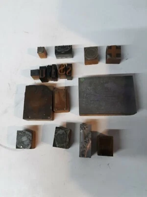 Vintage Stamp Lot Metal & Wood of 17 Letters Bridge Ship Rooster Cross etc - Image 1 of 4