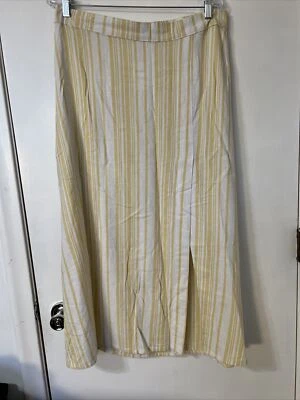 Falda Larga Algodón Sobre Rayas Amarillas Rayas Plisada Abertura Lateral Mezcla de Lino Boho Foto 1 de 4