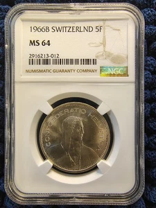 1966B Svizzera (.835) Argento 5 Franchi - Pastore - NGC MS 64 - Foto 1 di 16
