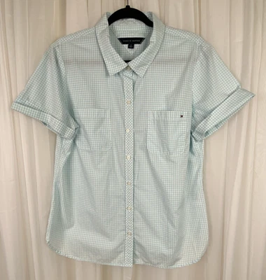 Tommy Hilfiger Sz L синий белый чек кнопка вверх хлопковая блузка с короткими манжетами рукав - Изображение 1 из 4
