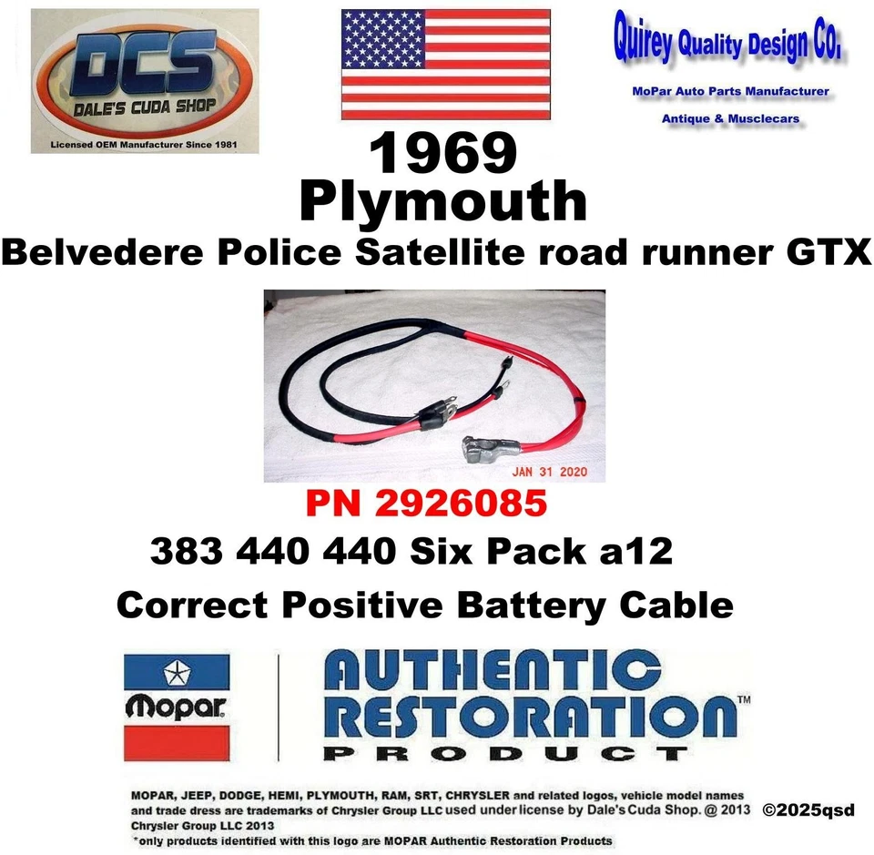 Plymouth Road Runner GTX 383 440 1969 cable de batería positivo 2926085 nuevo MoPar Foto 1 de 3