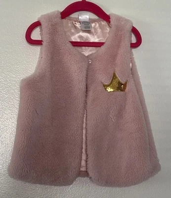 Colete de pele sintética rosa princesa Disney tamanho 6X frente aberta ouro lantejoulas coroa tiara - Imagem 1 de 4