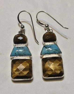 Jay King DTR Tigers Eye And Turquoise Sterling Silver Dangle Drop Earrings 10.4G - Image 1 of 4