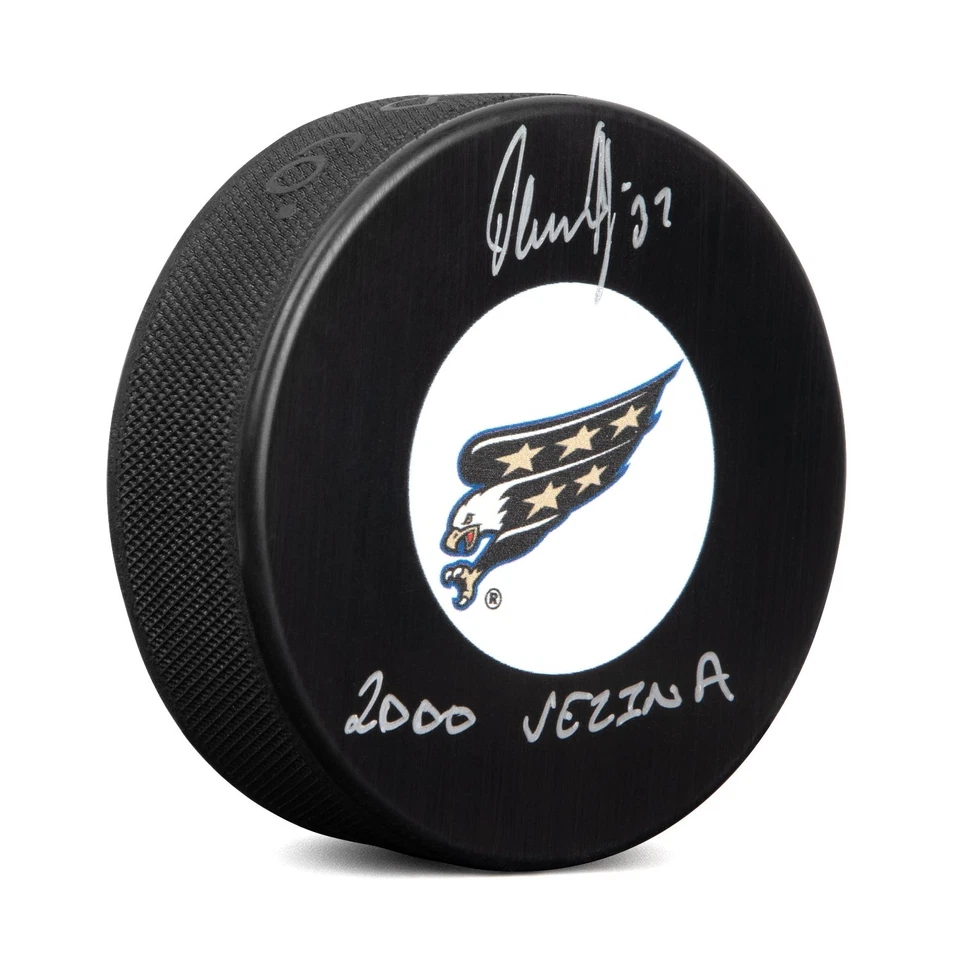 Disco retro firmado por Olaf Kolzig de Washington Capitals con billete Vezina Foto 1 de 1
