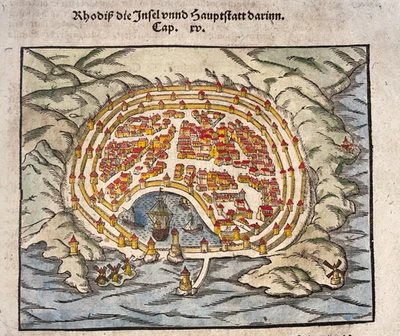 RHODES GREECE 1564 MUNSTER SEBASTIAN ANTIQUE WOOD ENGRAVED VIEW 16TH CENTURY - Image 1 of 3