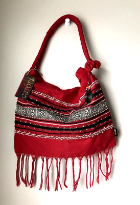 NEW Catori Red Black Bag Purse Tote Beaded Zip Boho Fringe Hippie - Image 1 of 4
