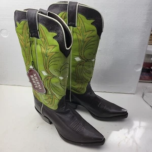 NEW LADIES 7 1/2 B NOCONA NL5302 SNIP TOE COWGIRL BOOTS Mocha Chocolate & Green - Picture 1 of 9