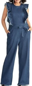 Rachel Roy Ruffle Denim Jumpsuit Romper Short Sleeves Size 12 Stretch Wide Legs - Picture 1 of 14