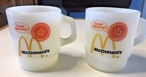 McDonald's Good Morning Coffee Cups 2 Mugs Anchor Hocking Fire King White Glass - Picture 1 of 7