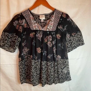 Knox Rose Black Floral Print Sheer Blouse - Picture 1 of 7
