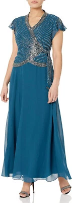 Vestido largo para mujer J Kara Petite imitación envolvente con manga acampanada, verde azulado/multi, 12P Foto 1 de 2