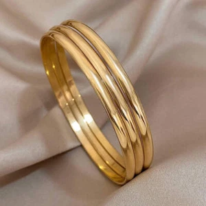 3pcs Glossy 18K Gold Plated Stainless Steel Bangle Bracelet for Women Minimalist - Picture 1 of 10