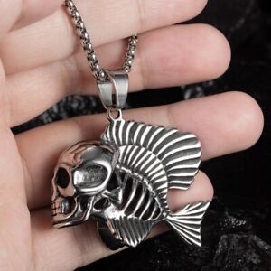 Men’s Stainless Steel Skull Fish Bone Skeleton Hook Necklace Pendant Jewelry