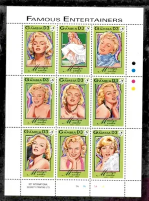Folha de 9 selos Scott #1398 MNH Gem selo lembrança Gâmbia 1993 Marilyn Monroe - Imagem 1 de 2