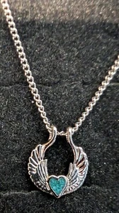 Vintage Nickle Silver Necklace Angel Wings and Heart Resin Filled Turquoise - Picture 1 of 1