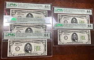 PMG 64EPQ 1934 $5 FEDERAL RESERVE NOTES 5 CONSECUTIVE SERIAL # LIGHT GREEN SEAL - Picture 1 of 2