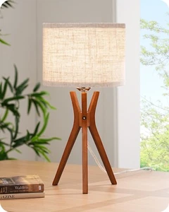 EDISHINE Modern Tripod Table Lamp,Deep Wood Color Light Base & Beige Linen Lamps - Picture 1 of 8