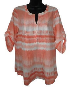 J.Jill Tunic Top Women M Orange Ombre Flowing Boho Top Roll Sleeve Pintuck casua - Picture 1 of 6