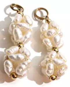 Pair Lovely 14K Yellow Gold Bead & Baroque Pearl Earring Enhancers Pendant Charm - Picture 1 of 6
