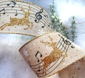 1m x 63mm Wired Christmas Ribbon Natural Beige Music & Gold Glitter Reindeer - Picture 1 of 1