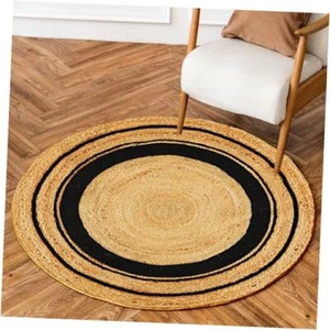 Round Jute Rug 3 ft, Braided Area Rug for Kitchen, Round - Black circle 3 Ft - Picture 1 of 8