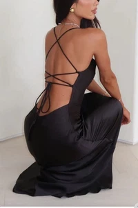 NEW TIGERMIST BLACK SATIN COWL NECK OPEN BACK MAXI FORMAL DRESS 6 8 10 12 14 - Picture 1 of 4