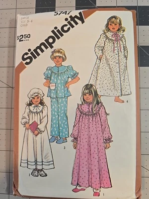 Vtg Simplicity 5747 Girls' Nightgown PJ's Hat Sewing Pattern Large 5-6 Uncut '82 - Image 1 of 2