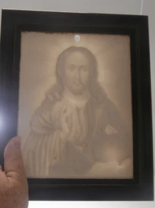Vintage White Lithophane of Sacred Heart Of Jesus Framed & Signed Religious - Picture 1 of 4