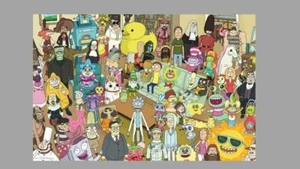 PÓSTER RICK AND MORTY 22X34 GRUPO COLLAGE DE PERSONAJES PROGRAMA DE TELEVISIÓN FRANKENSTEIN ELVIS + - Imagen 1 de 1