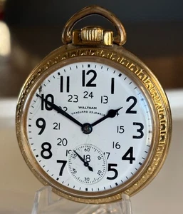 1943 WALTHAM USA VANGUARD 23J 16s M1908 POCKET WATCH 24h Dial Gold Filled TICKS - Picture 1 of 12