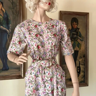 Vintage 80s does 40s Day Dress Romantic Floral Pretty in Pink Brat Pack M - Image 1 of 4