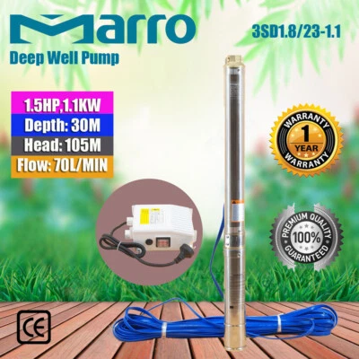 Marro 3" Stainless Steel Submersible Bore Pump Deep Well Upto 105m Head,70l/min - image 1 of 4