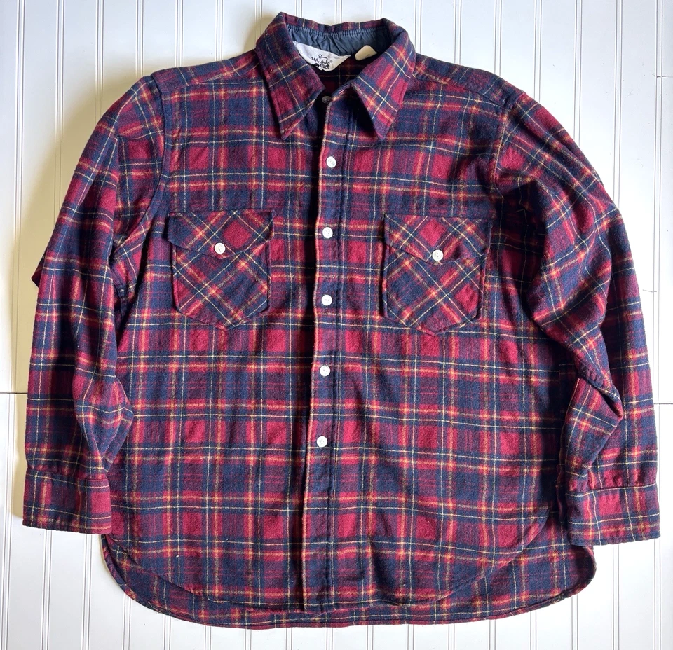 vintage 70s 80s mens burgundy navy blue plaid Woolrich wool flannel shirt XL - Image 1 of 4
