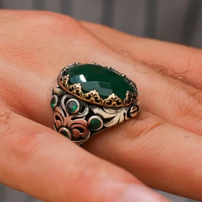 925 Sterling Silver Oval Faceted Green Agate Stone Turkish Style Men's Ring - Image 1 of 4