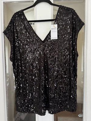 NUEVO CON ETIQUETAS NEXT TOP FORRADO MANGA CORTA CON LENTEJUELAS CUELLO EN V NEGRO - ¡TALLA 18!! Foto 1 de 4