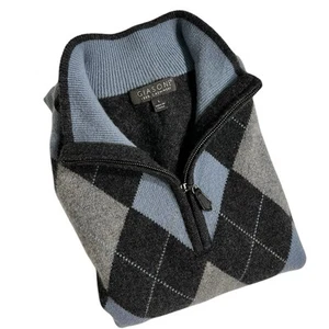 Giasone Cashmere Sweater  1/4 Zip Long Sleeve Diamond Argyle Gray Mens Large - Picture 1 of 8