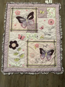Lambs & Ivy Crib Comforter Blanket Butterflies & Flowers Pink & Purple 46x36 - Picture 1 of 9
