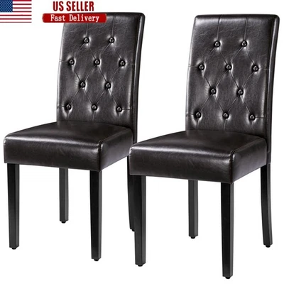 Faux Leather Dining Chairs Set of 2 W/ Solid Wood Legs Adjustable Foot Pads New Foto 1 de 4