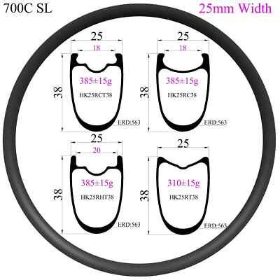 700C碳边38毫米深度25毫米宽无内胎夹钳无钩公路自行车车轮 — 第 1/4 张图片