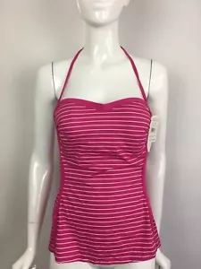 ROBIN PICCONE Halter Padded Striped Side Button Tankini Top Swimsuit Pink L $94 - Picture 1 of 5