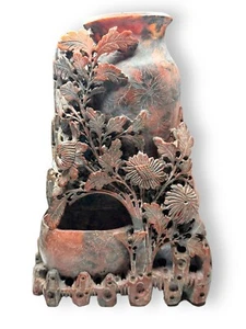 Chinese Carved Red Soapstone Double Vase Pot Flowers And Vines 10” - Picture 1 of 15