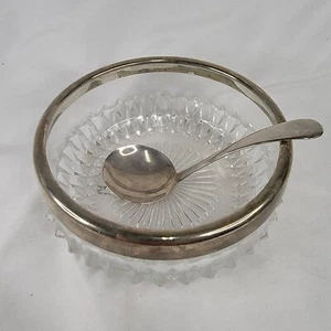 Vintage Glass and Metal Rimmed Jelly/Sugar Bowl with Spoon 5"W - Picture 1 of 7
