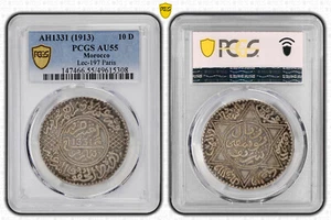 Marruecos 10 Dirhams AH 1331 (1913) París Como Nuevo Yusuf PCGS AU-55. - Imagen 1 de 3