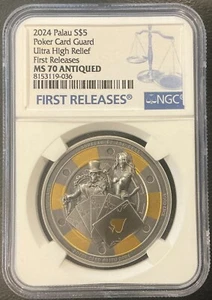 2024 Palau $5 1oz Silver Poker Card Guard Antiqued Gilded Coin NGC MS70 FR - Picture 1 of 2