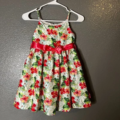 Bonnie Jean Girls 7 Floral Dress Red Pink Hibiscus Bow Summer Party Dress - Image 1 of 4