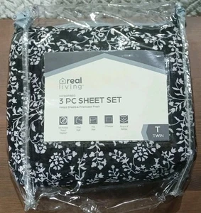 Real Living microfiber twin black white floral fitted sheet and pillow case - Picture 1 of 7