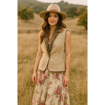Chaleco Boho Western Coastal Vaquera Rodeo Pradera M Tostado Imitación Gamuza y Piel Capas Foto 1 de 4