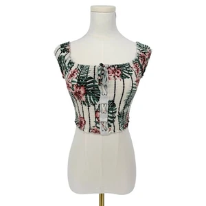 GUESS Smocked Floral Crop Top Off-Shoulder Corset Lace-Up Sz S Baddie Y2K Style - Picture 1 of 4